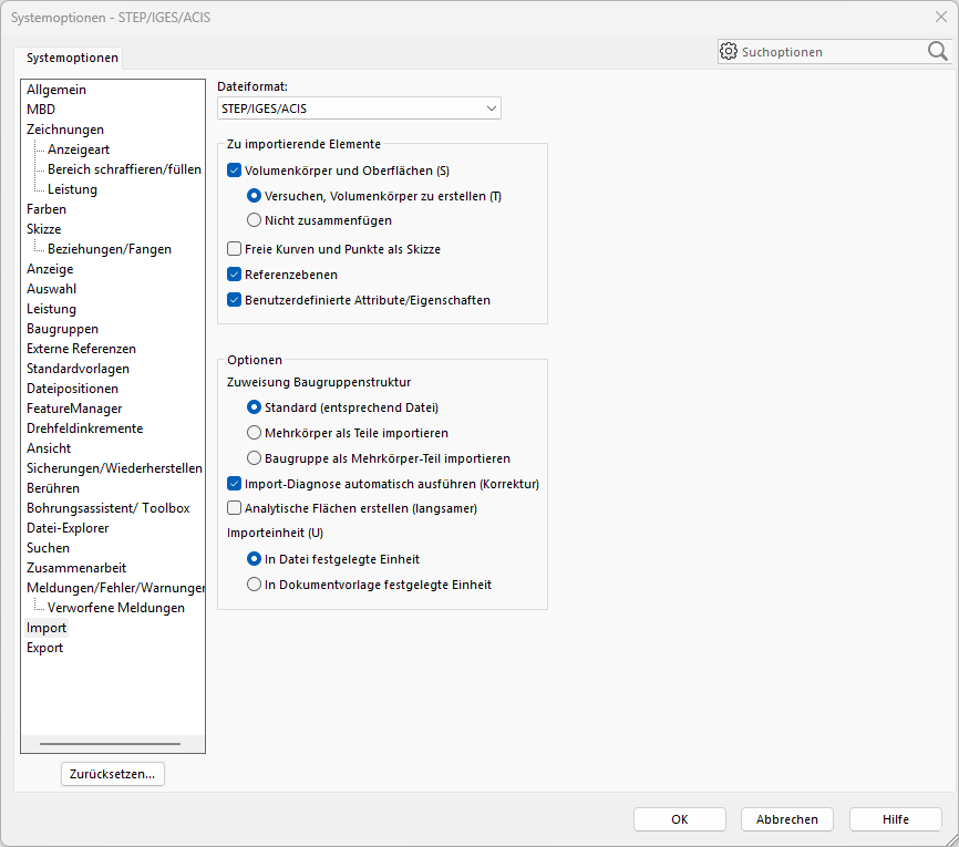 SOLIDWORKS-Systemoptionen-STEP-Import
