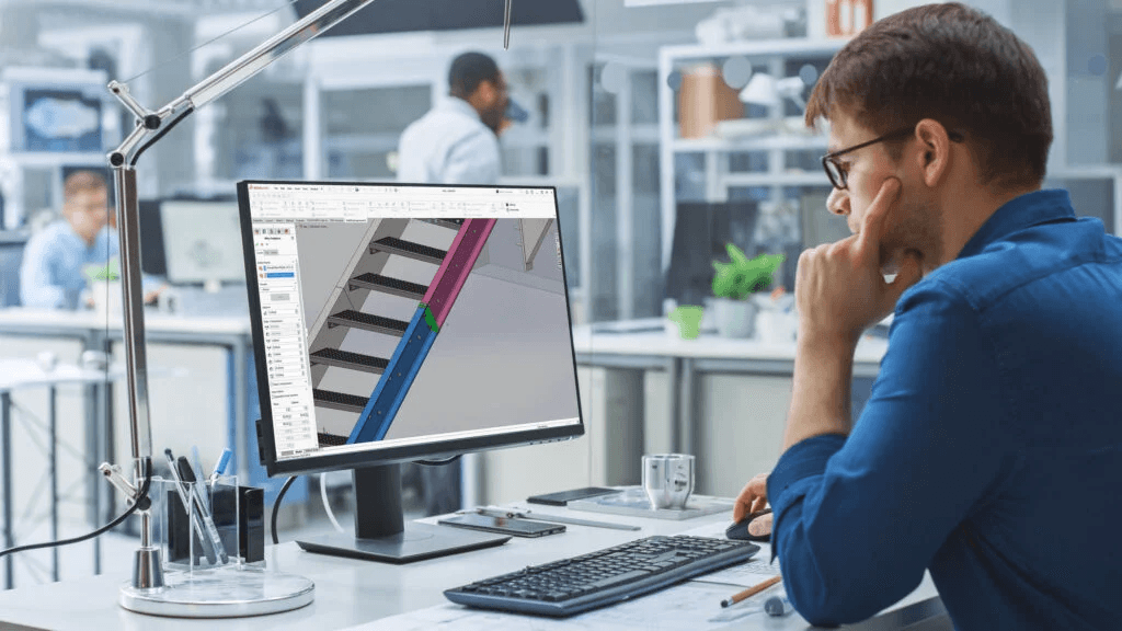 Mann am Arbeitsplatz – SolidSteel Parametric Version 7 Ein Mann arbeitet mit SolidSteel Parametric Version 7 an seinem Arbeitsplatz