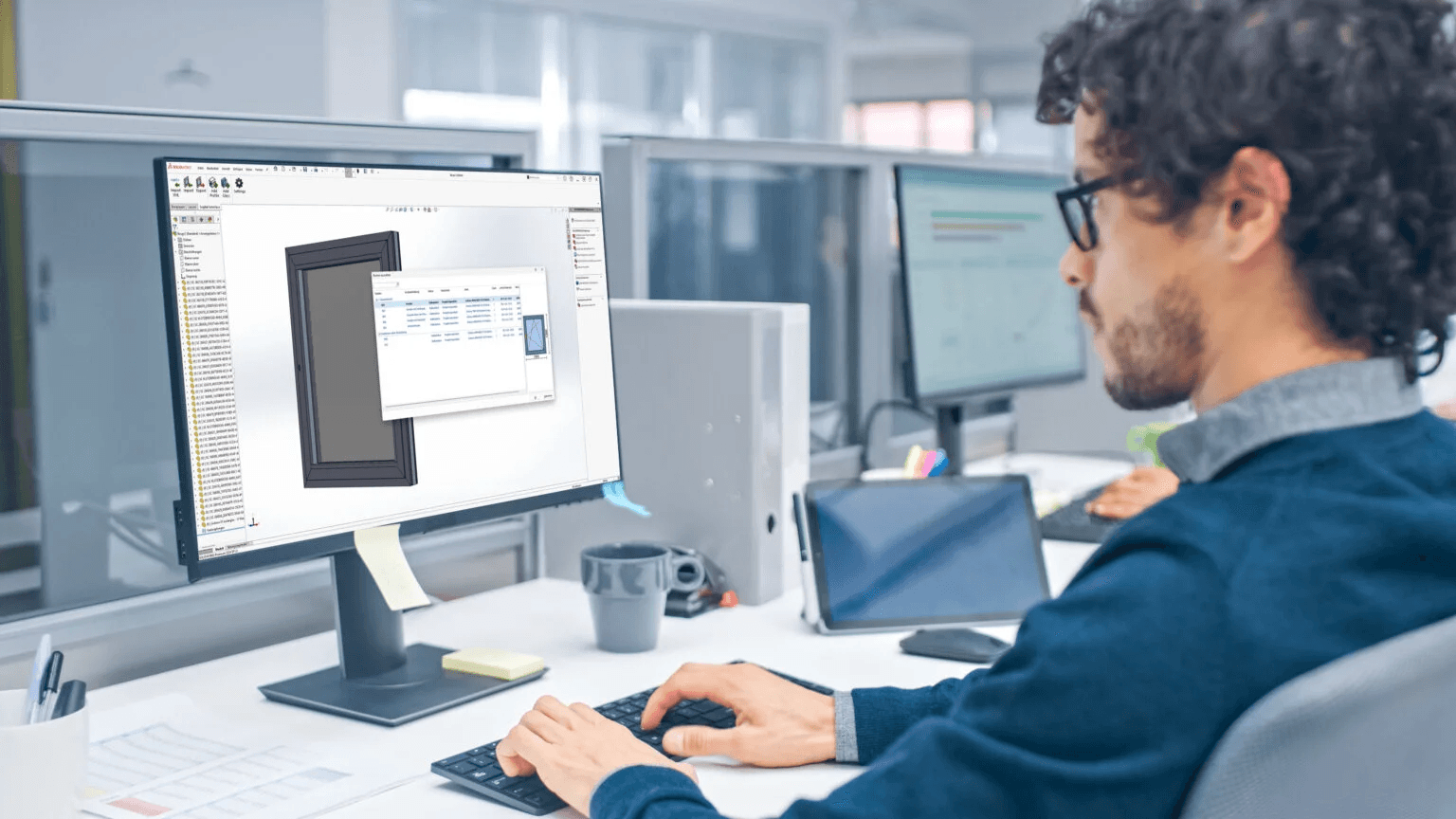 Ein Mann arbeitet am PC mit SOLIDWORKS und verwendet eine Kopierfunktion