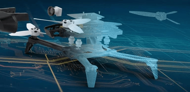 Konstruktionsansicht einer Drohne mit Rotoren in SOLIDWORKS