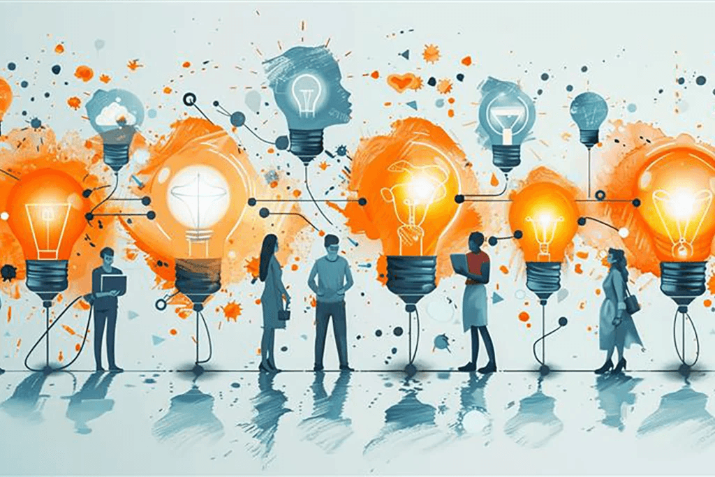 Glühbirnen Menschen vernetzt Ideen Vernetzte Menschen mit Glühbirnen als Symbol für gemeinsame Ideen und Innovation