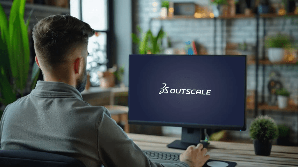 Mann vor PC – Outscale DS Systeme Person arbeitet an einem PC mit Outscale DS Systemen