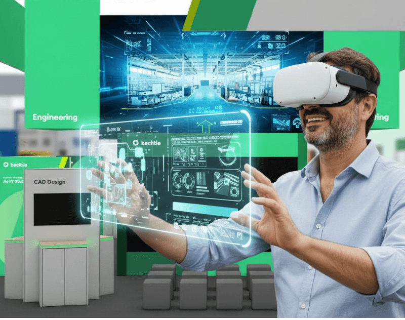 Mann entdeckt die Welt von Bechtle durch eine virtuelle XR-Demonstration