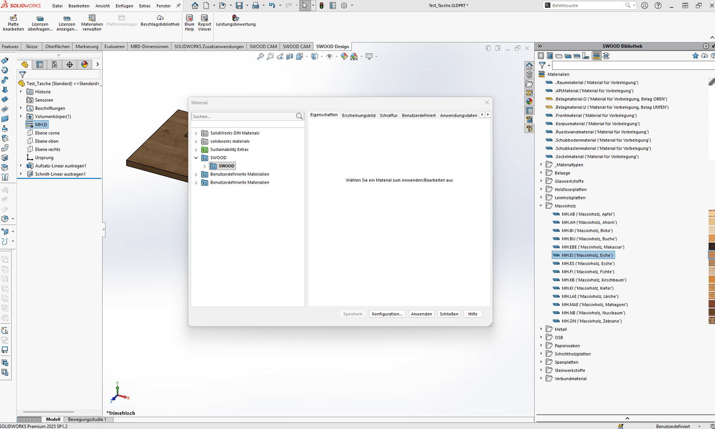 SOLIDWORKS-SWOOD-Materialdatenbank Bildschirmaufnahme SOLIDWORKS mit SWOOD