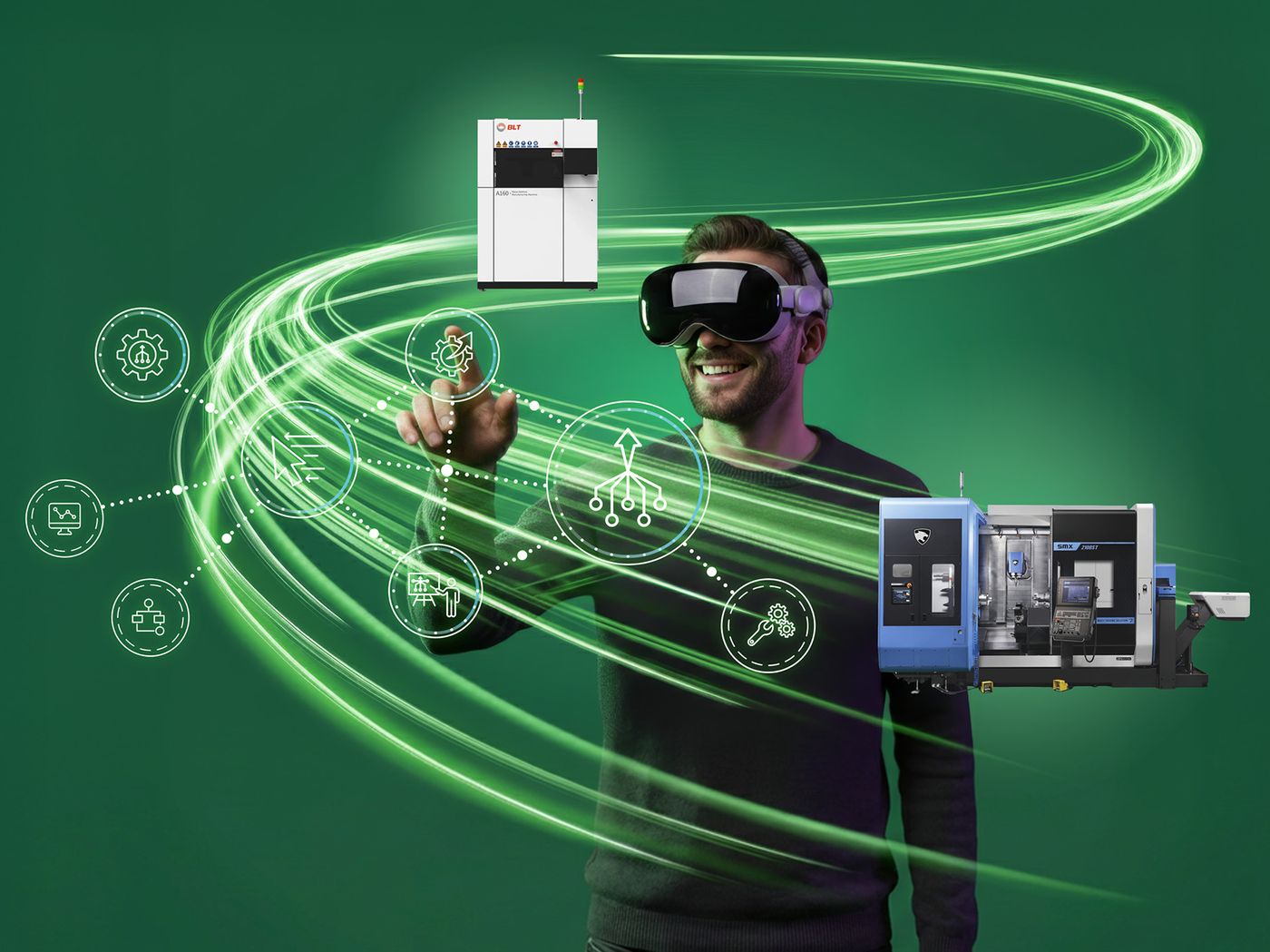 AMB Header für Veranstaltungsseite 901x675px Keyvisual zur AMB: Eine Person interagiert mit virtuellen Symbolen vor grünem Hintergrund, verbunden durch dynamische Lichtlinien. Links stehen Messehinweise, rechts sind eine Werkzeugmaschine und oben ein industrieller 3D‑Drucker zu sehen.“