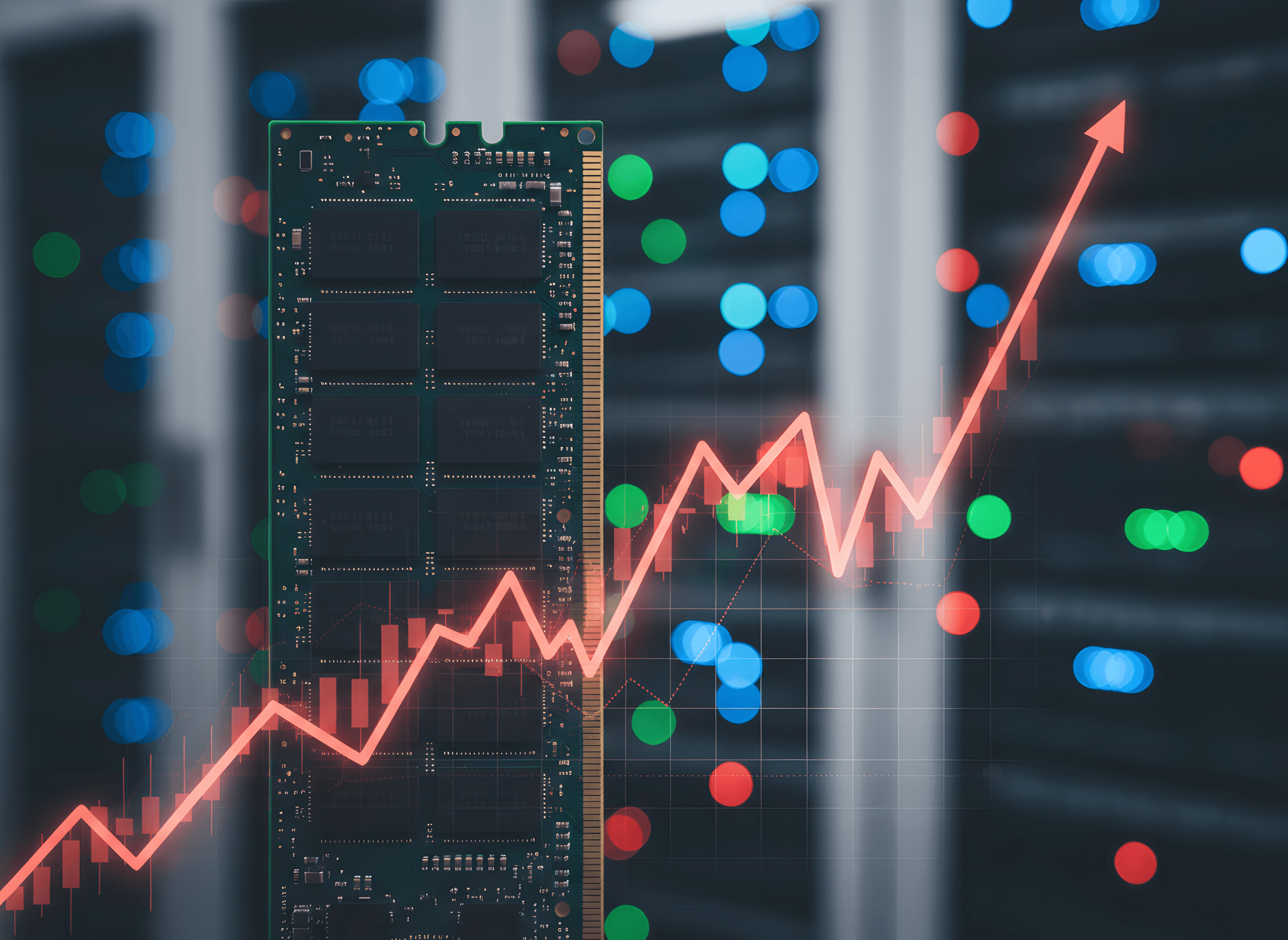 RAM DDR5-Computerchips mit leuchtend rotem AI DEMAND-Diagramm, das die Preissteigerung zeigt
