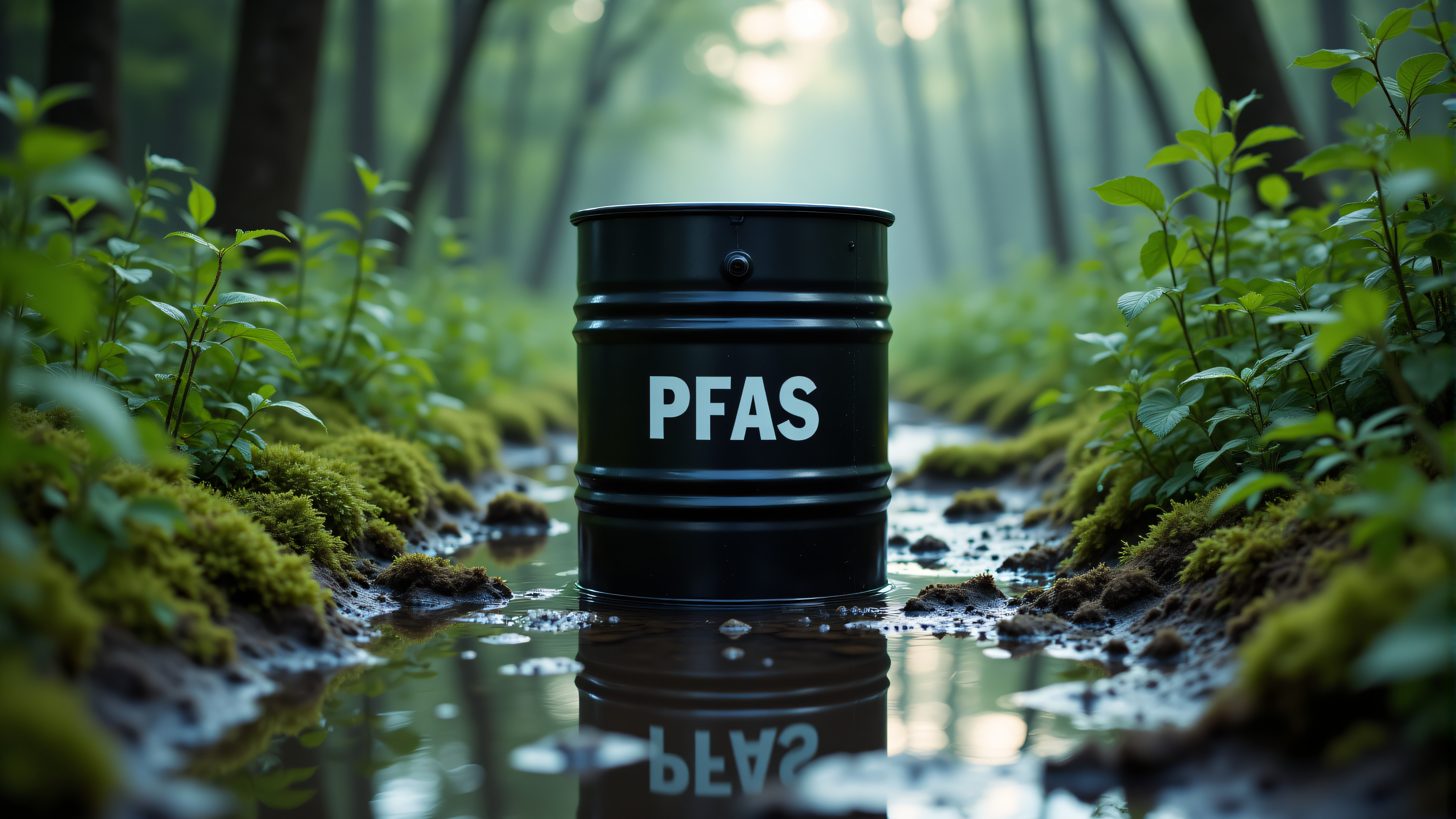 A striking black barrel labeled PFAS sits amidst a vibrant green forest, reflecting environmental concerns. Ein auffälliges schwarzes Fass mit der Aufschrift PFAS steht inmitten eines leuchtend grünen Waldes und spiegelt Umweltprobleme wider.