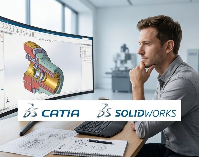 Mann sitzt vor Bildschirm mit einer CAD-Anwendung für CATIA, SOLIDWORKS oder Beides Mann sitzt vor Bildschirm mit einer CAD-Anwendung