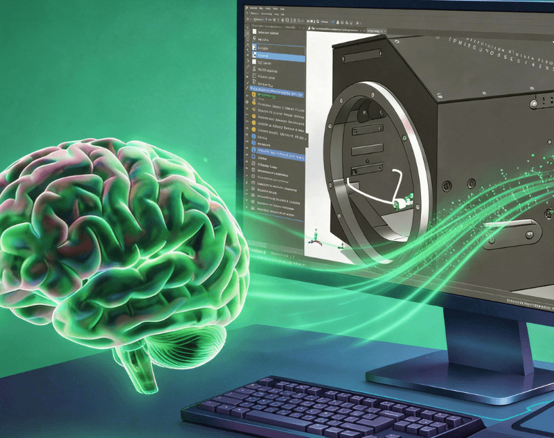 KI in SOLIDWORKS. Bild zeigt eine futuristisch Darstellung von Gedanken, die in einem Monitor zu einem CAD-Modell werden.